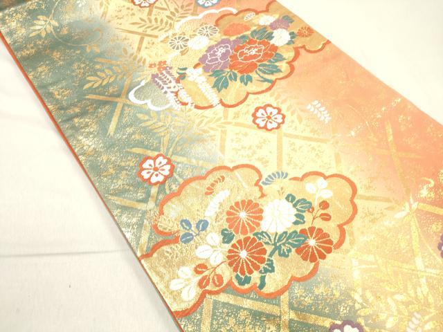 平和屋着物◎六通柄袋帯 唐織 蛇篭雲取り花文 金糸 正絹 逸品 DAAK7621xg