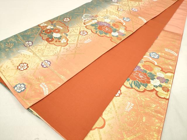 平和屋着物◎六通柄袋帯 唐織 蛇篭雲取り花文 金糸 正絹 逸品 DAAK7621xg