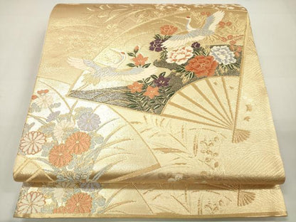 平和屋着物◎六通柄袋帯 唐織 扇面飛鶴花文 金糸 正絹 逸品 DAAK7671xg