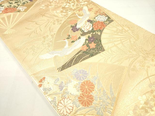 平和屋着物◎六通柄袋帯 唐織 扇面飛鶴花文 金糸 正絹 逸品 DAAK7671xg