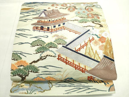 平和屋着物◎六通柄袋帯　唐織　風景花松文　金糸　正絹　逸品　DAAK7723xg