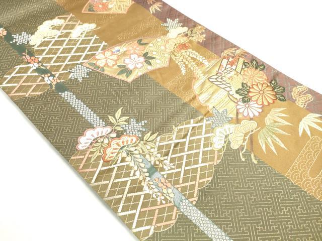 平和屋着物◎六通柄袋帯 唐織 雪輪御所車花松文 金糸 正絹 逸品 DAAK7759xg