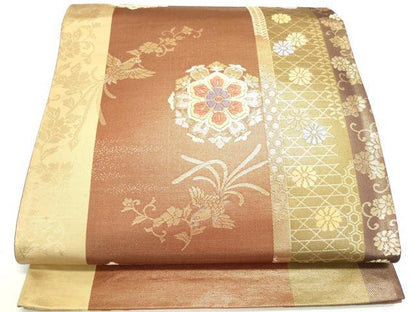 平和屋着物◎六通柄袋帯 唐織 花喰い鳥 草花間道 金糸 正絹 逸品 DAAK7764xg