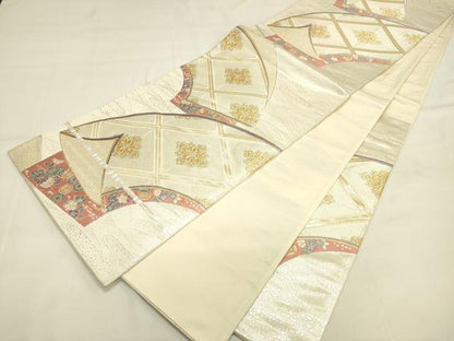 平和屋着物◎六通柄袋帯 地紙重ね吉祥花文 金銀糸 正絹 逸品 DAAK8010bc