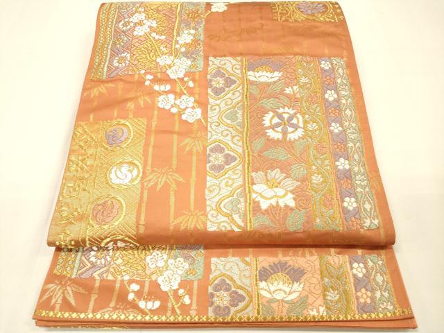 平和屋着物◎六通柄袋帯 能衣唐錦 色紙花鳥文 金糸 正絹 逸品 DAAK8029bc