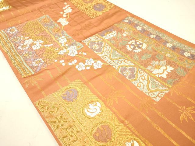 平和屋着物◎六通柄袋帯 能衣唐錦 色紙花鳥文 金糸 正絹 逸品 DAAK8029bc