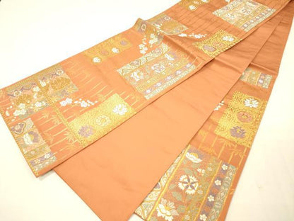 平和屋着物◎六通柄袋帯 能衣唐錦 色紙花鳥文 金糸 正絹 逸品 DAAK8029bc