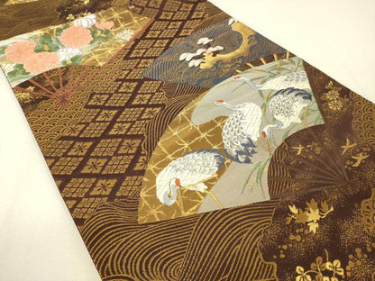 平和屋着物◎六通柄袋帯 唐織 扇面花鳥文 金糸 正絹 逸品 DAAK8046bc