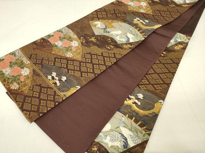 平和屋着物◎六通柄袋帯 唐織 扇面花鳥文 金糸 正絹 逸品 DAAK8046bc