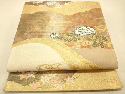 平和屋着物◎六通柄袋帯　風景花文　金糸　正絹　逸品　DAAK8062bc