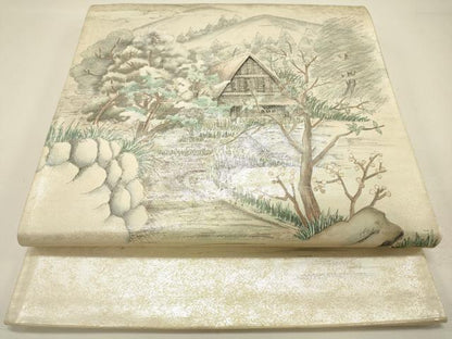 平和屋着物◎太鼓柄袋帯 作家物 手描き 風景枝花文 銀糸 正絹 逸品 DAAK8222bc