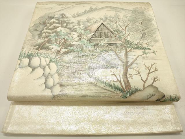 平和屋着物◎太鼓柄袋帯 作家物 手描き 風景枝花文 銀糸 正絹 逸品 DAAK8222bc