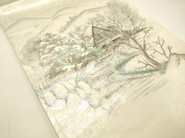 平和屋着物◎太鼓柄袋帯 作家物 手描き 風景枝花文 銀糸 正絹 逸品 DAAK8222bc