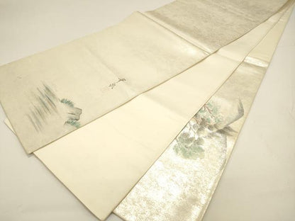 平和屋着物◎太鼓柄袋帯 作家物 手描き 風景枝花文 銀糸 正絹 逸品 DAAK8222bc