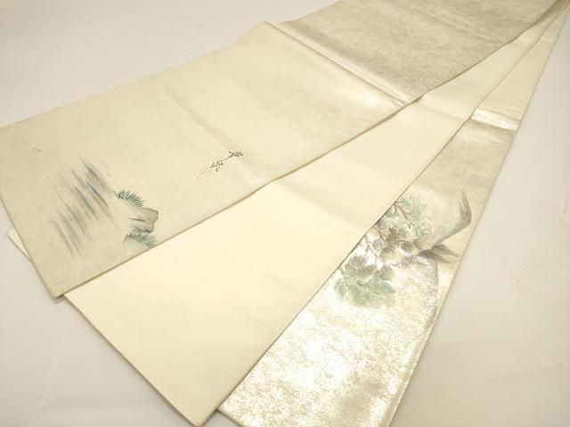 平和屋着物◎太鼓柄袋帯 作家物 手描き 風景枝花文 銀糸 正絹 逸品 DAAK8222bc