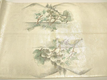 平和屋着物◎太鼓柄袋帯 作家物 手描き 風景枝花文 銀糸 正絹 逸品 DAAK8222bc
