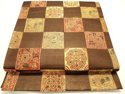 平和屋着物◎六通柄袋帯 市松草花文 金糸 正絹 逸品 DAAK8282bc