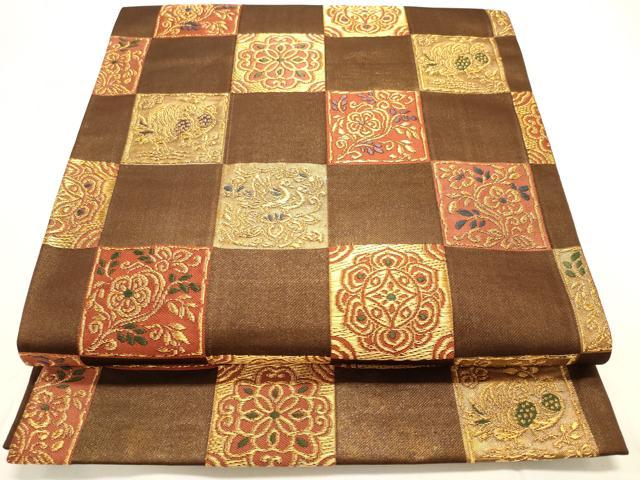 平和屋着物◎六通柄袋帯 市松草花文 金糸 正絹 逸品 DAAK8282bc