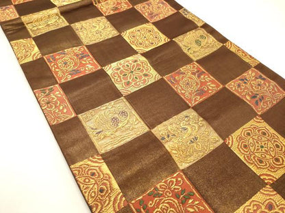平和屋着物◎六通柄袋帯 市松草花文 金糸 正絹 逸品 DAAK8282bc