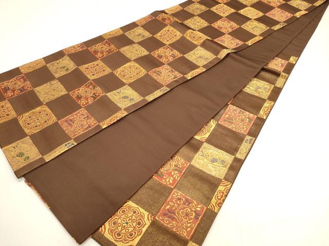 平和屋着物◎六通柄袋帯 市松草花文 金糸 正絹 逸品 DAAK8282bc