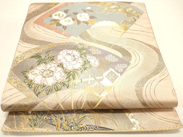 平和屋着物◎六通柄袋帯 扇面草花文 金糸 正絹 逸品 DAAK8291bc
