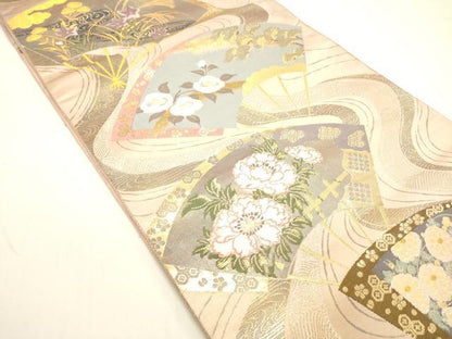 平和屋着物◎六通柄袋帯 扇面草花文 金糸 正絹 逸品 DAAK8291bc
