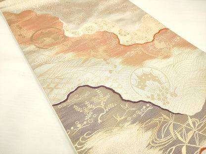 平和屋着物◎六通柄袋帯 道長花蝶丸文 金糸 正絹 逸品 DAAK8321bc