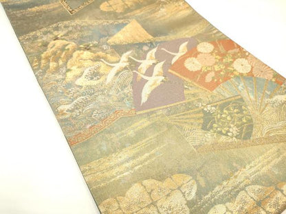 平和屋着物◎六通柄袋帯 屏風草花文 金糸 引箔 正絹 逸品 DAAK8336bc