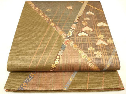 平和屋着物◎太鼓柄袋帯　刺繍　草花松文　金糸　正絹　逸品　DAAK8344bc