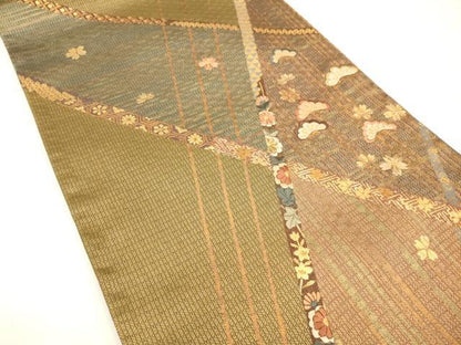 平和屋着物◎太鼓柄袋帯　刺繍　草花松文　金糸　正絹　逸品　DAAK8344bc