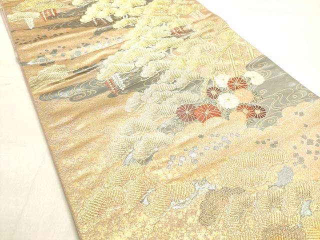 平和屋着物◎六通柄袋帯　唐織　流水花松文　金糸　正絹　逸品　DAAK8347bc