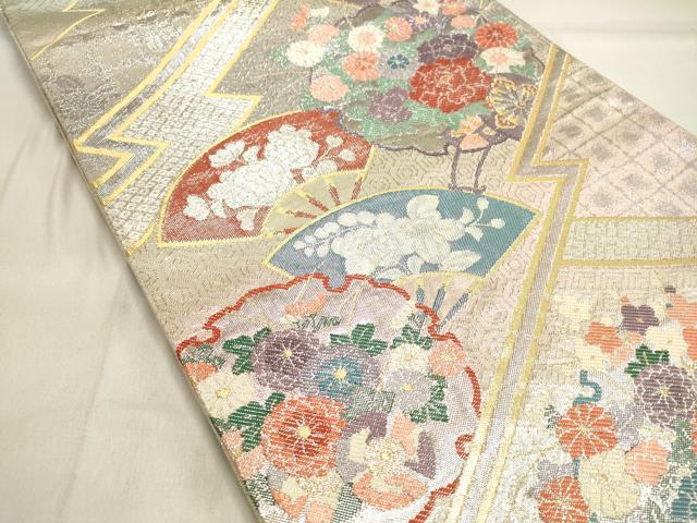 平和屋着物◎佐賀錦 六通柄袋帯 扇面草花文 金銀糸 正絹 逸品 DAAK8363bc