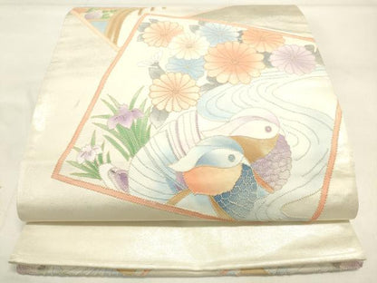 平和屋着物◎中国三大刺繍 スワトウ刺繍 汕頭刺繍 総刺繍 太鼓柄袋帯 色紙花鳥文 正絹 逸品 DAAK8413bc