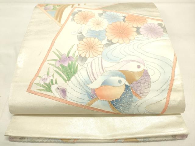 平和屋着物◎中国三大刺繍 スワトウ刺繍 汕頭刺繍 総刺繍 太鼓柄袋帯 色紙花鳥文 正絹 逸品 DAAK8413bc
