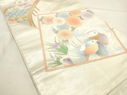 平和屋着物◎中国三大刺繍 スワトウ刺繍 汕頭刺繍 総刺繍 太鼓柄袋帯 色紙花鳥文 正絹 逸品 DAAK8413bc