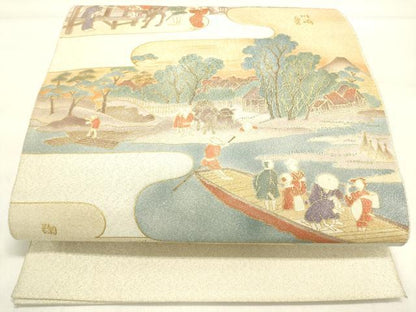 平和屋着物◎太鼓柄袋帯 霞取り人物風景文 金彩 正絹 逸品 DAAK8414bc