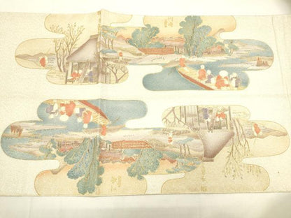 平和屋着物◎太鼓柄袋帯 霞取り人物風景文 金彩 正絹 逸品 DAAK8414bc