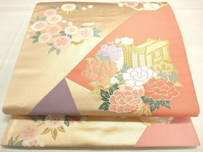平和屋着物◎六通柄袋帯 御所車草花文 金糸 正絹 逸品 DAAK8452bc