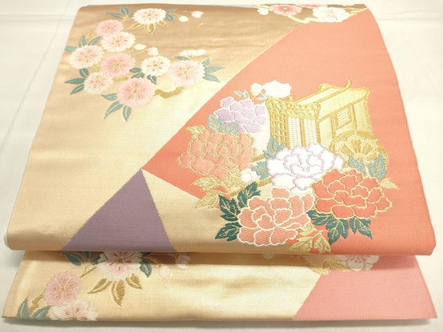 平和屋着物◎六通柄袋帯 御所車草花文 金糸 正絹 逸品 DAAK8452bc