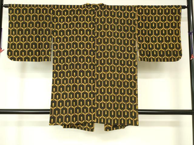 平和屋着物■道行コート 草花文 黒地 正絹 逸品 未使用 DAAK9453cm