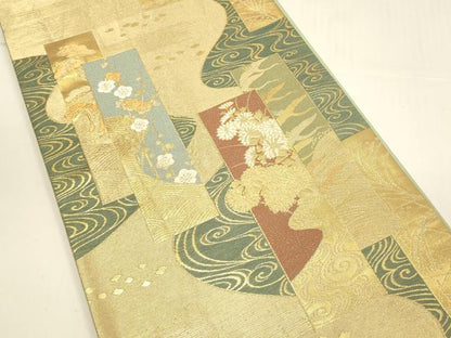 平和屋着物■六通柄袋帯　流水短冊草花文　金糸　正絹　逸品　DAAL0296we