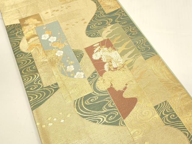 平和屋着物■六通柄袋帯　流水短冊草花文　金糸　正絹　逸品　DAAL0296we