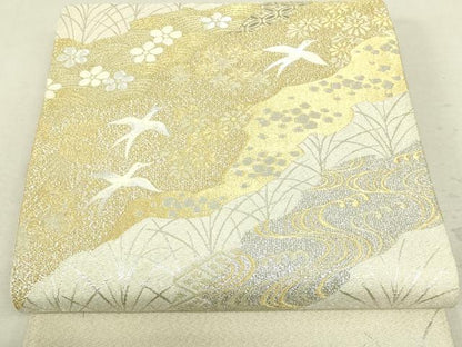 平和屋着物■六通柄袋帯　明綴　流水花鳥文　プラチナ箔　正絹　逸品　DAAL0651sf