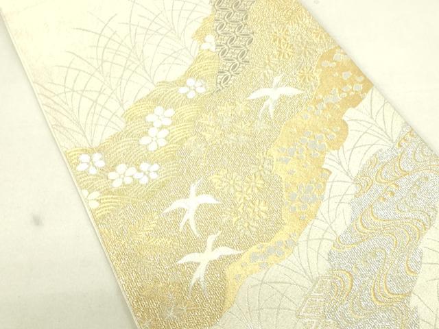 平和屋着物■六通柄袋帯　明綴　流水花鳥文　プラチナ箔　正絹　逸品　DAAL0651sf