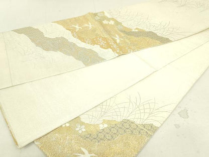 平和屋着物■六通柄袋帯　明綴　流水花鳥文　プラチナ箔　正絹　逸品　DAAL0651sf