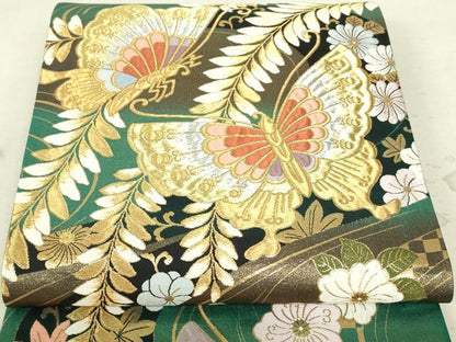 平和屋着物■六通柄袋帯 花蝶文 金糸 正絹 逸品 DAAL0699sf