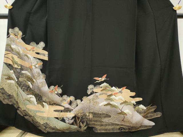平和屋着物■豪華黒留袖 駒刺繍 飛鶴松文 金彩 正絹 逸品 DAAL2128ya