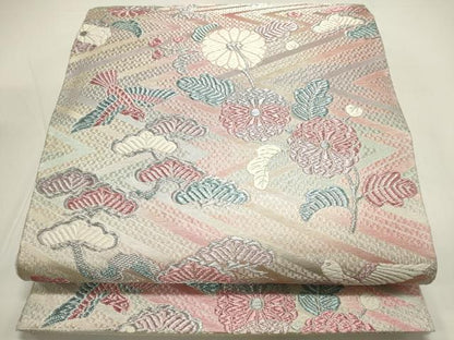 平和屋着物◎六通柄袋帯 花鳥松文 銀糸 正絹 逸品 DAAL3127qp