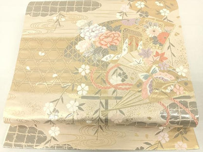平和屋着物◎六通柄袋帯 唐織 扇面花蝶文 金銀糸 正絹 逸品 DAAL3599cd
