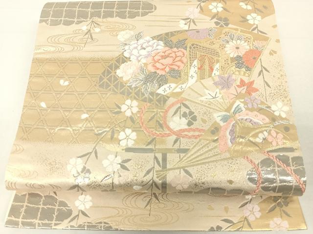 平和屋着物◎六通柄袋帯 唐織 扇面花蝶文 金銀糸 正絹 逸品 DAAL3599cd